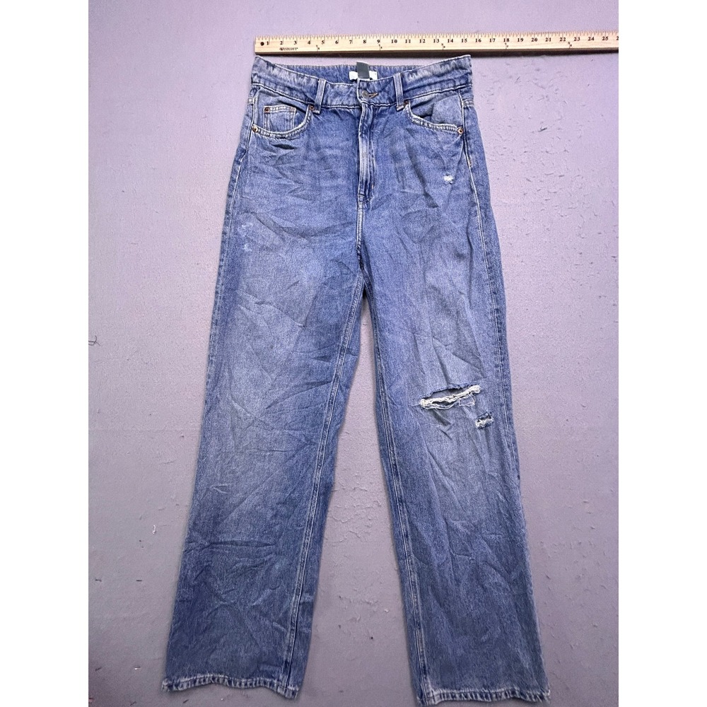 H&M Straight Leg Jeans 100% Cotton Distressed Blue Size US 10 EUR 42 Womens